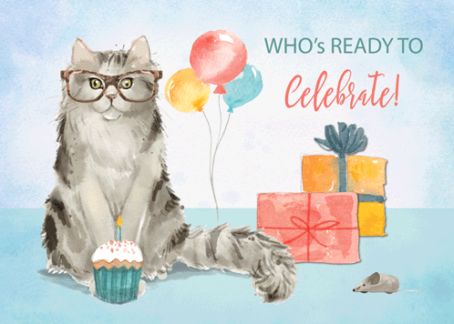 Birthday Cat Wearing Funny Glasses.
