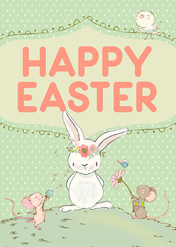 Happy Easter With Bunny And Mice.