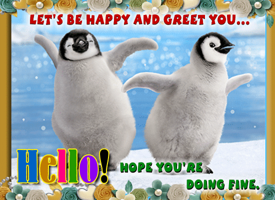 Cute Penguins Greeting You Hello.