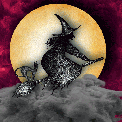 Witch And Cat Flying By The Moon.